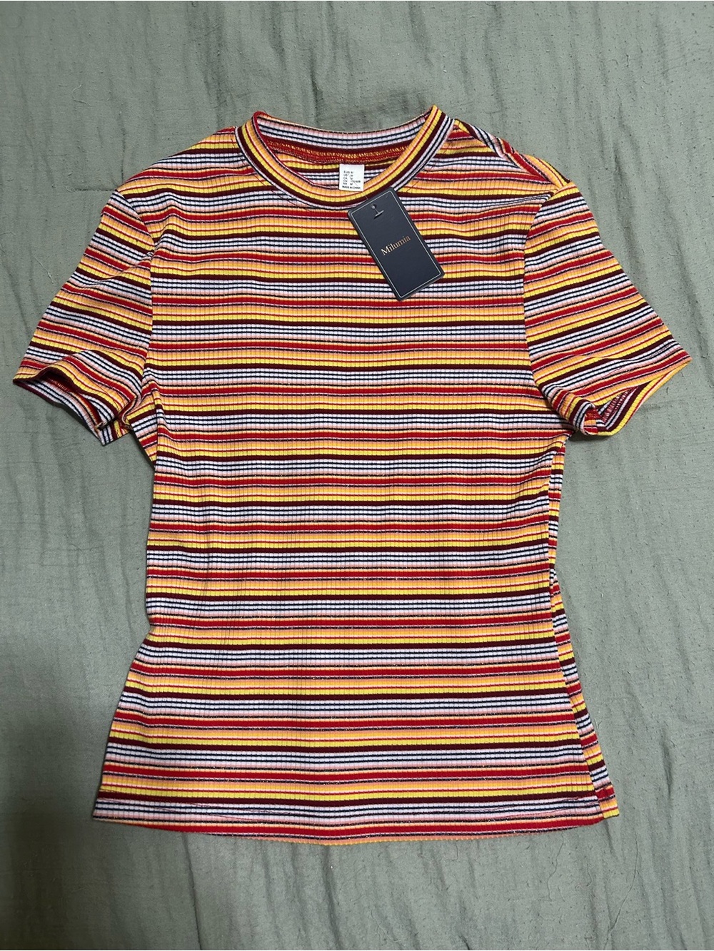 Multicolor Striped Ribbed Crewneck Tee - Red, Yellow, Black